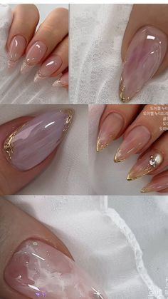 Sophisticated Almond-Shaped Nails with Translucent Pink Base and Gemstone Accents