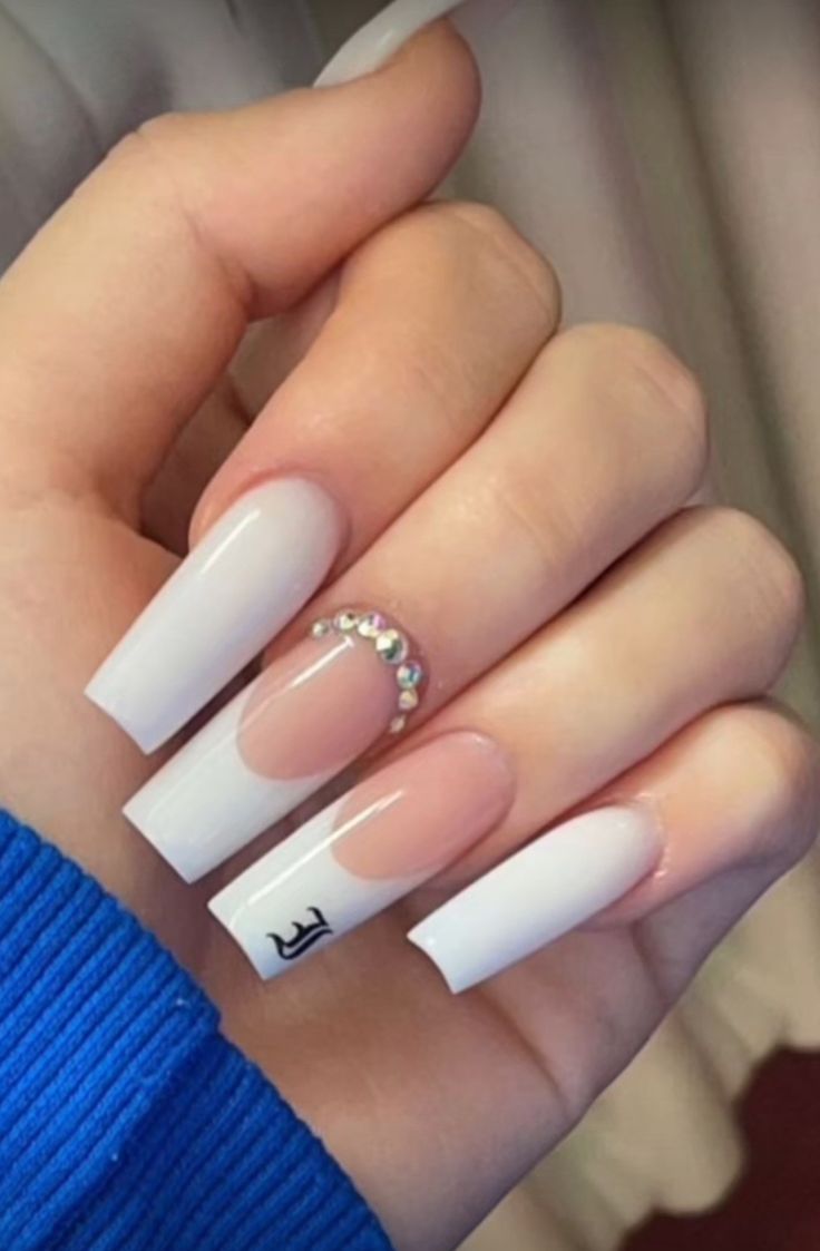 Chic Contemporary Nail Design with Elongated Square Tips and Elegant Rhinestone Accent.