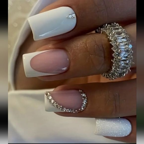 Sophisticated Square Nail Design with Classic White, Soft Pink Shades, and Rhinestone Accents