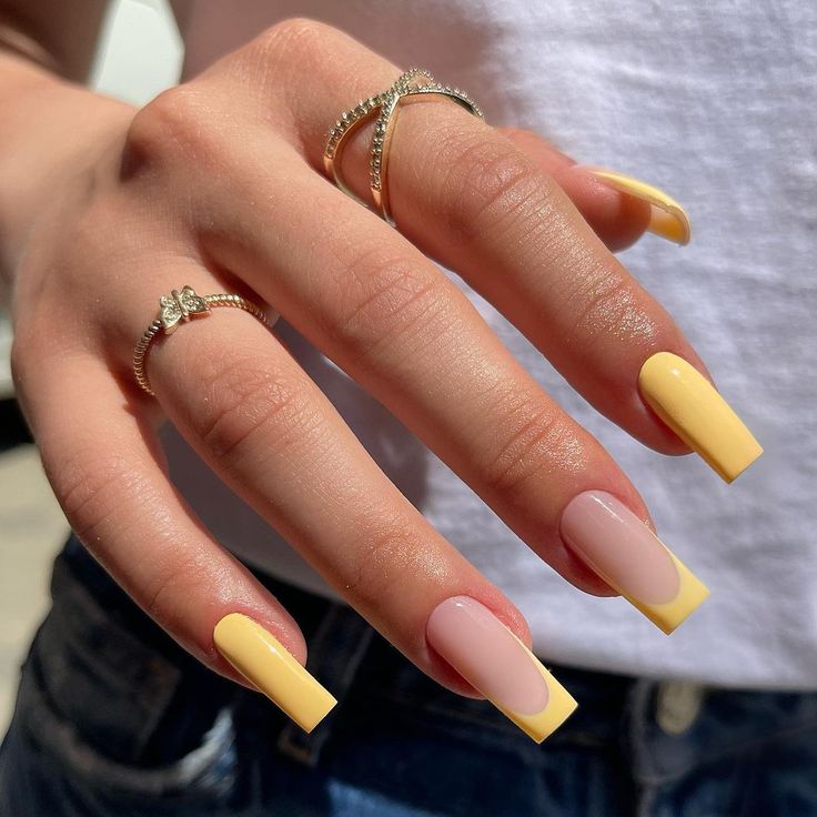 Vibrant Yellow and Soft Pink Glossy Long Square Nail Design for a Chic Summer Statement.