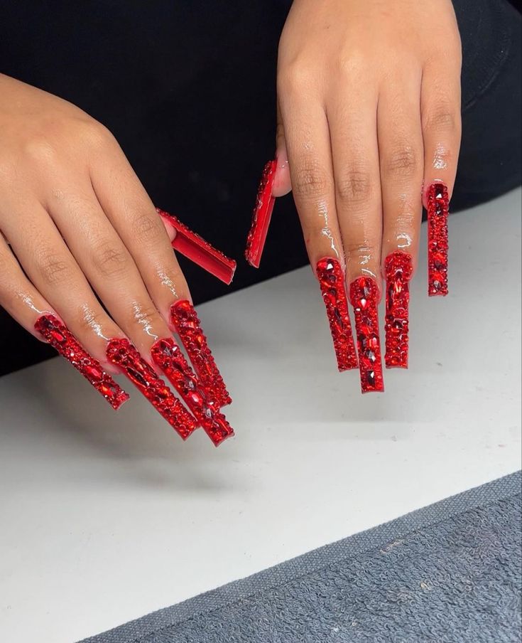 Bold Glamorous Red Coffin Nail Design with Rhinestone Accents