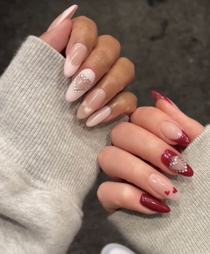 Romantic Yet Modern: Elegant Nail Design in Soft Pinks and Bold Reds.