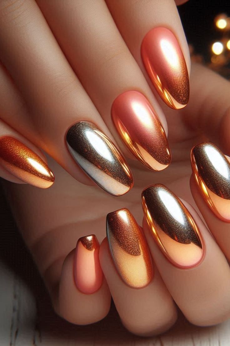 Elegant Metallic Nail Design with Copper-Rose Gold Gradient and Shiny Finish