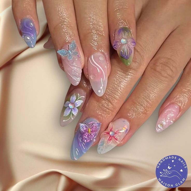 Whimsical Pastel Floral Nail Design: Elegant Playfulness with Delicate Details.