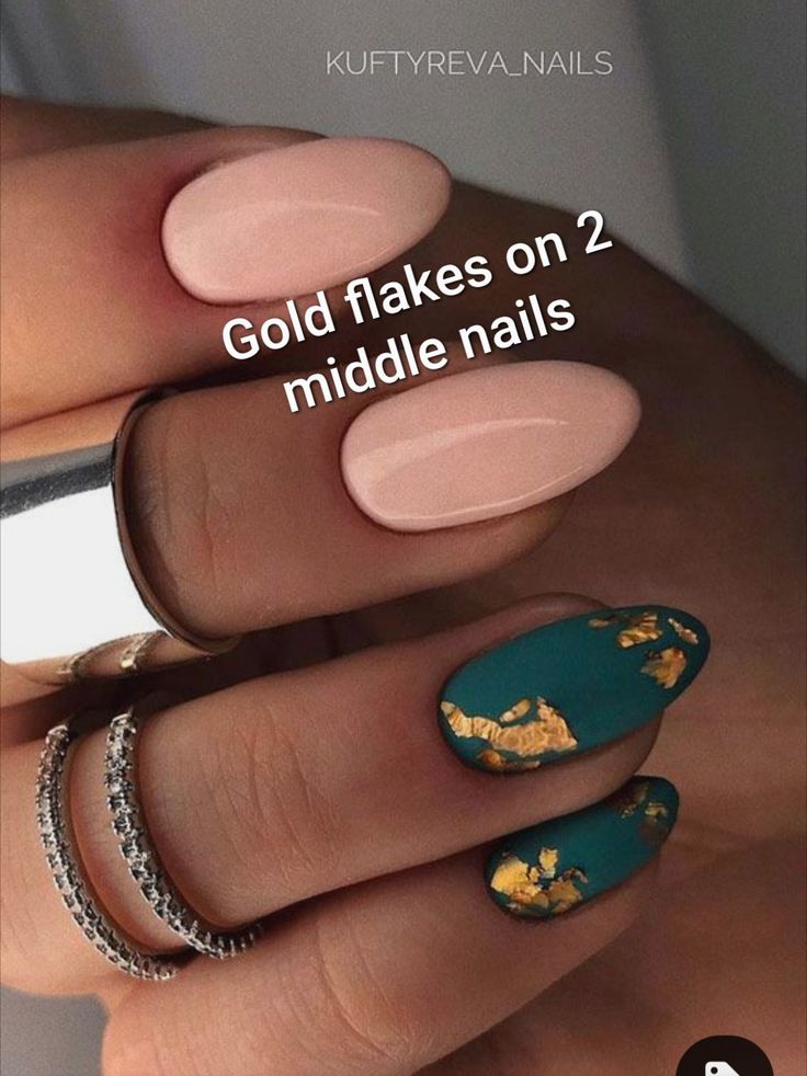 Chic Nail Design: Soft Pink and Glamorous Teal with Gold Flakes