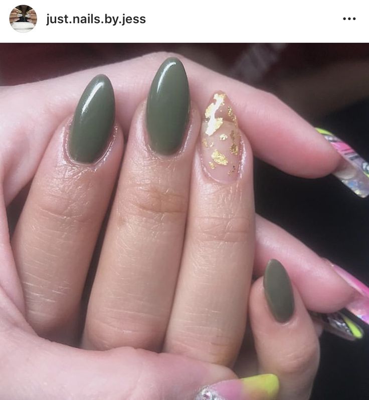 Elegant Olive Green Almond-Shaped Nails with Shimmering Gold Accent and Pastel Highlights.