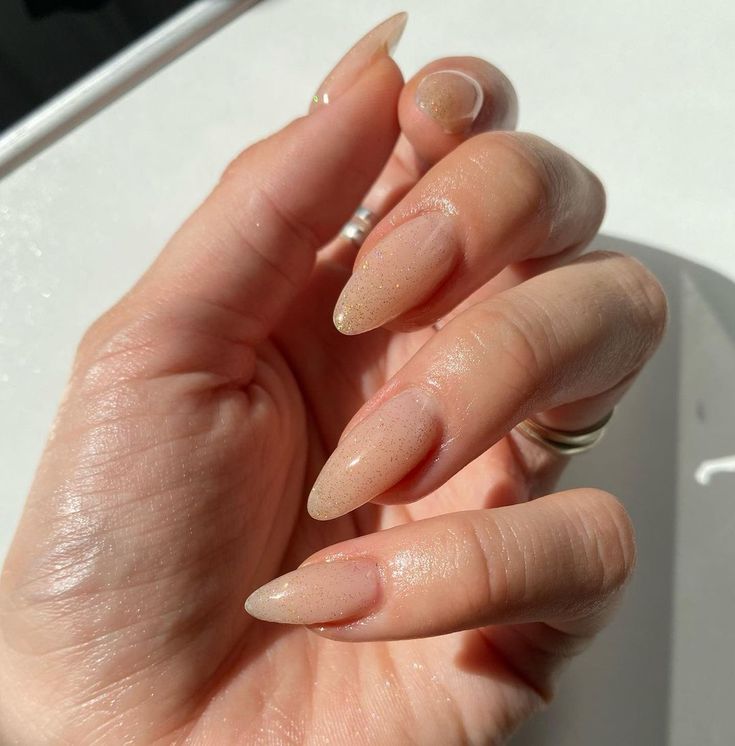 Chic Elegant Almond Nails with Soft Nude Base and Subtle Shimmer.