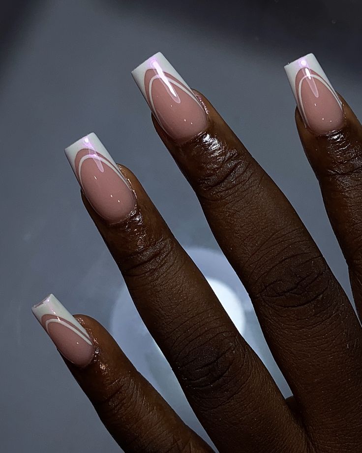 Sophisticated Square Nail Design: Glossy Nude Base with Delicate White Tips and Artistic Pink Swirls