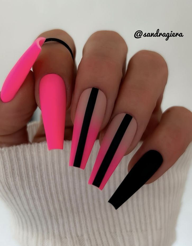 Bold Hot Pink and Matte Black Nail Design with Striking Stripes