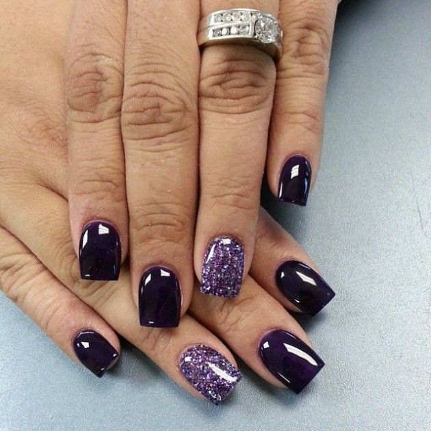 Elegant Purple Nail Design: A Glamorous Blend of Glossy and Glitter Finishes