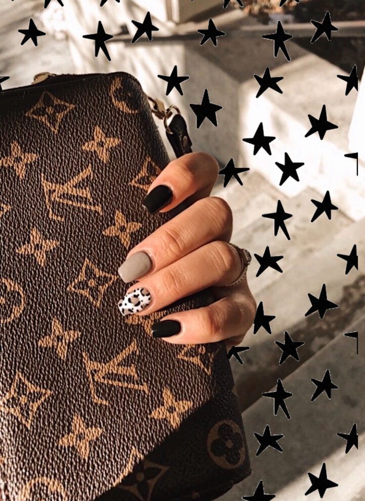 Trendy Chic Nail Design with Matte Black, Soft Gray, and Polka-Dot Accents.