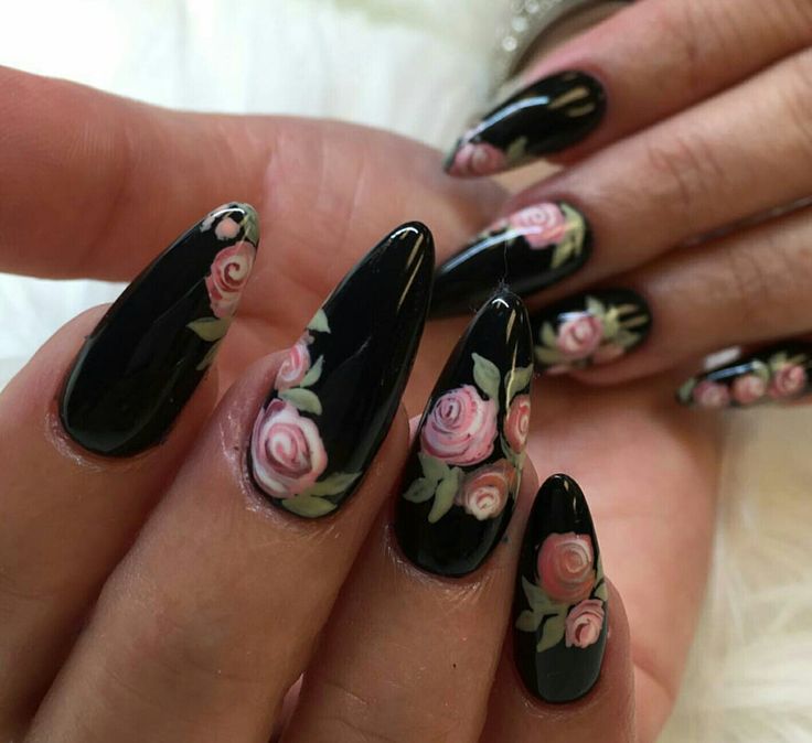 Sophisticated Floral Nail Design with Black Base and Pink Roses