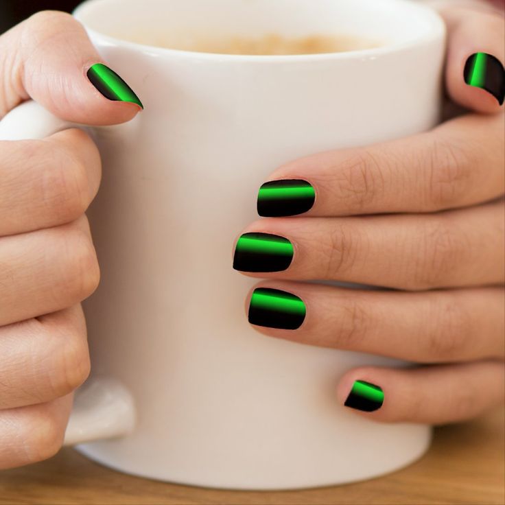 Chic Black and Green Gradient Nail Design with Glossy Finish