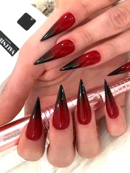 Bold Red and Black Gradient Stiletto Nails for an Edgy Statement.