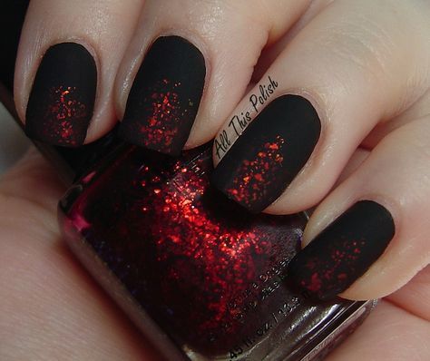 Bold and Sophisticated: Matte Black Nails with Shimmering Red Glitter Gradient