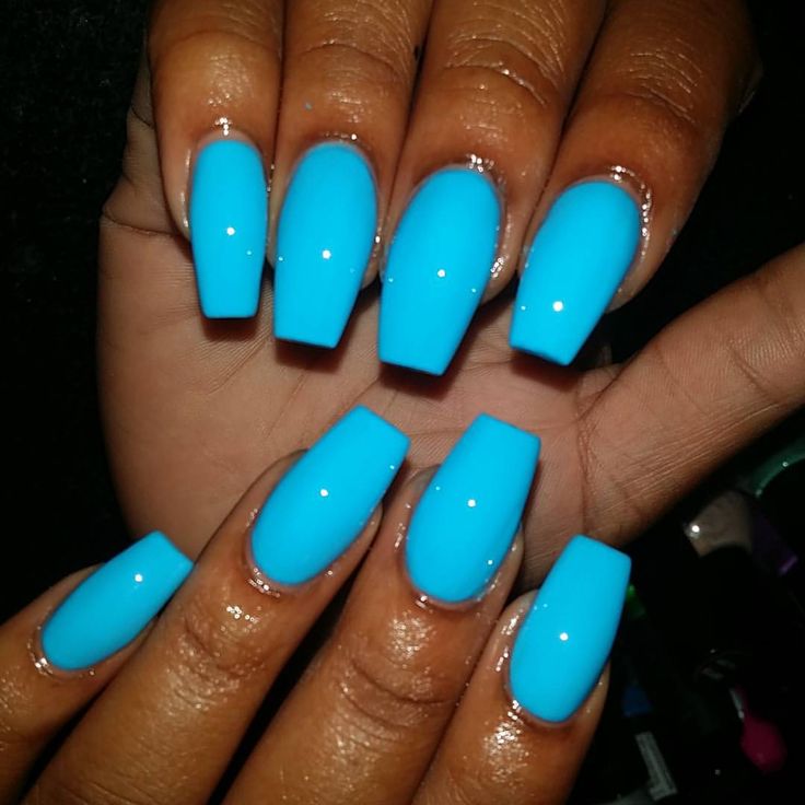 Bold Glossy Blue Manicure on Long Square Nails for a Playful Statement.