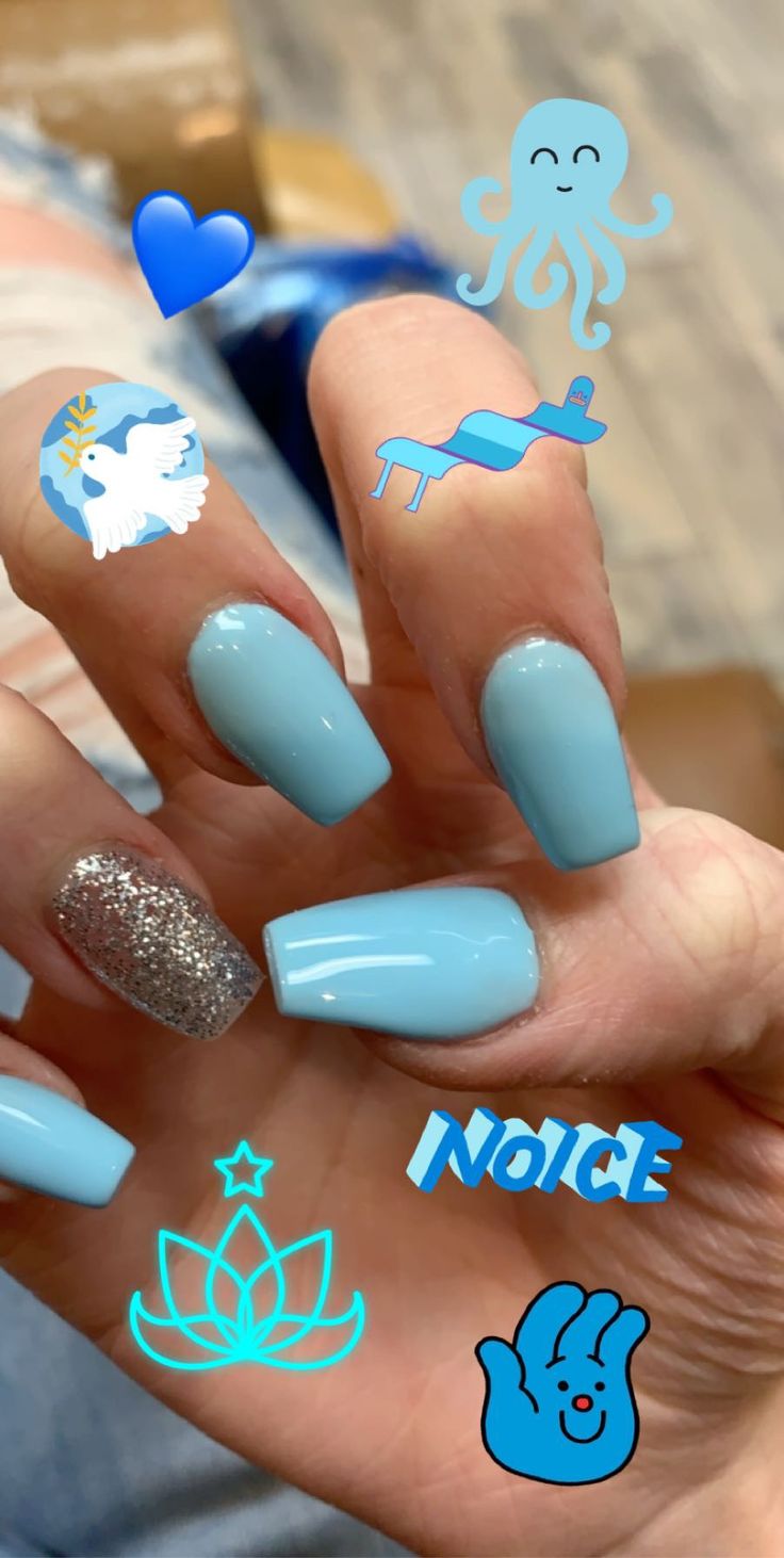 Whimsical Light Blue Nails with Glossy Finish and Glitter Accent for Creative Expression.