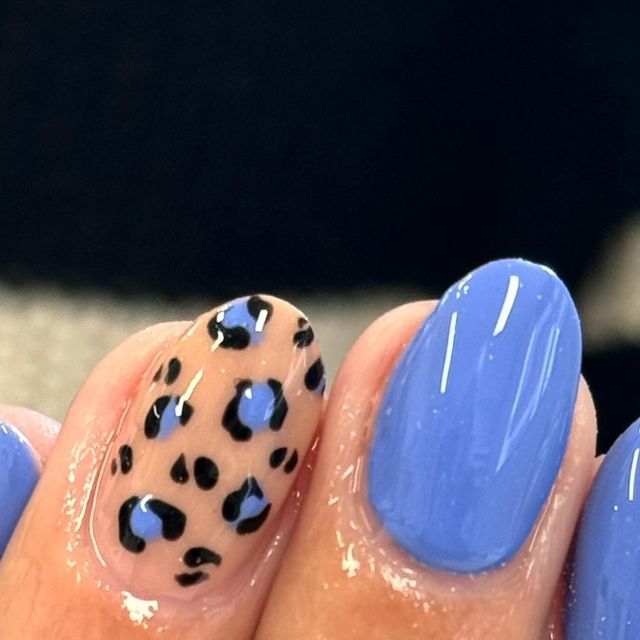 Chic Blue Nail Design with Leopard Print Accent for Playful Elegance.