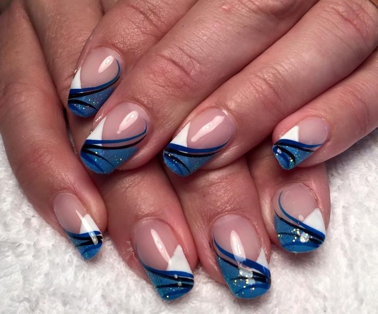 Sleek Blue and White Wave-Inspired Nail Design with Shimmering Accents