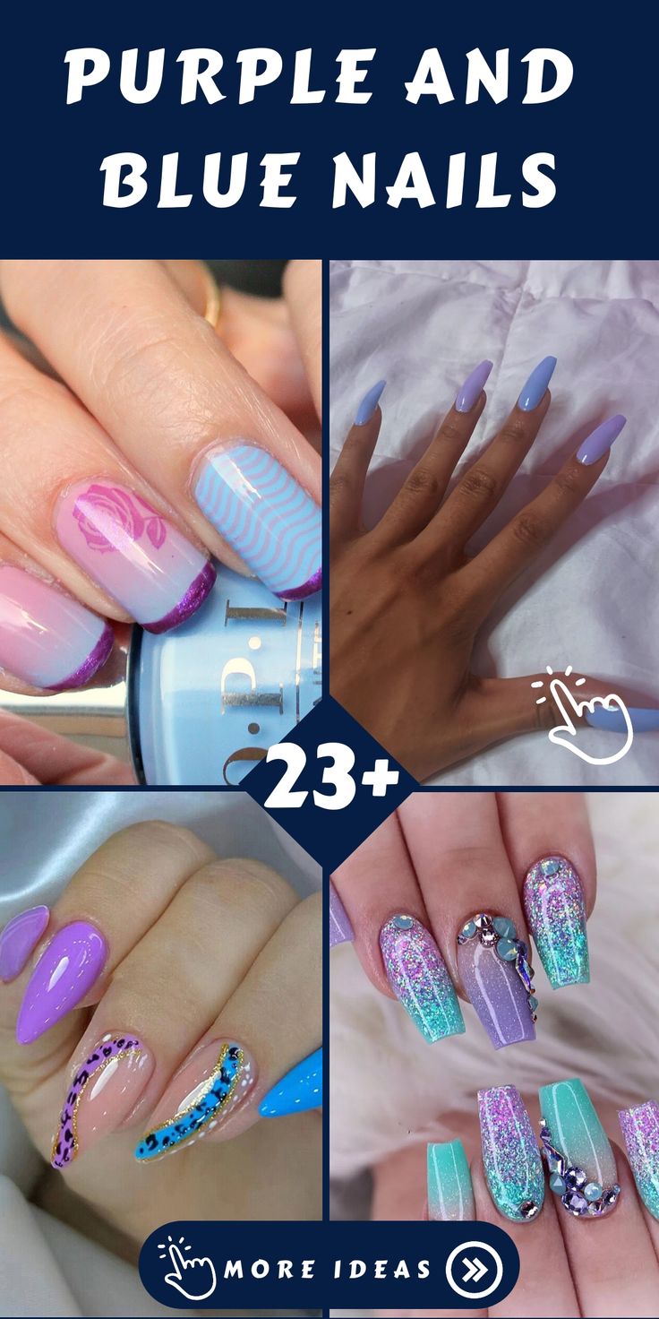 Vibrant Purple and Blue Nail Designs: Ombre, Glitter, and Unique Techniques.