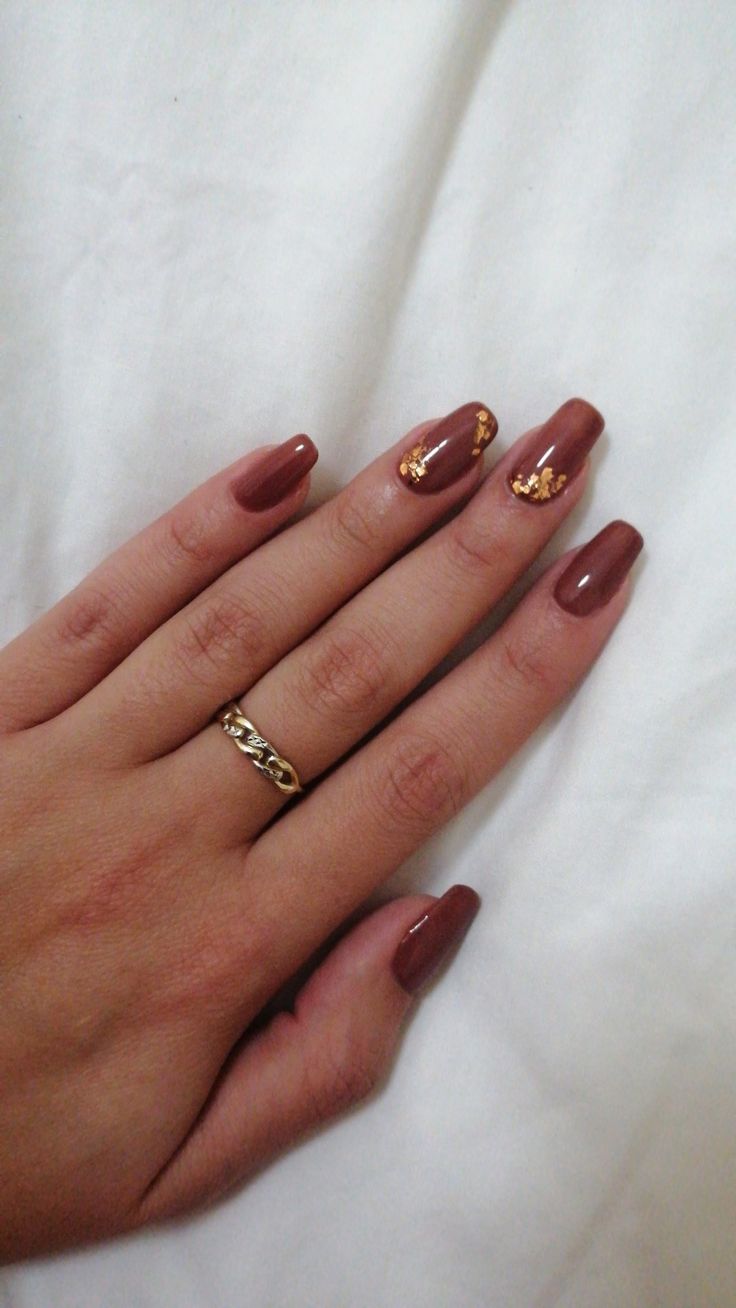 Chic Brown Nail Design with Intricate Gold Accents for Versatile Elegance.