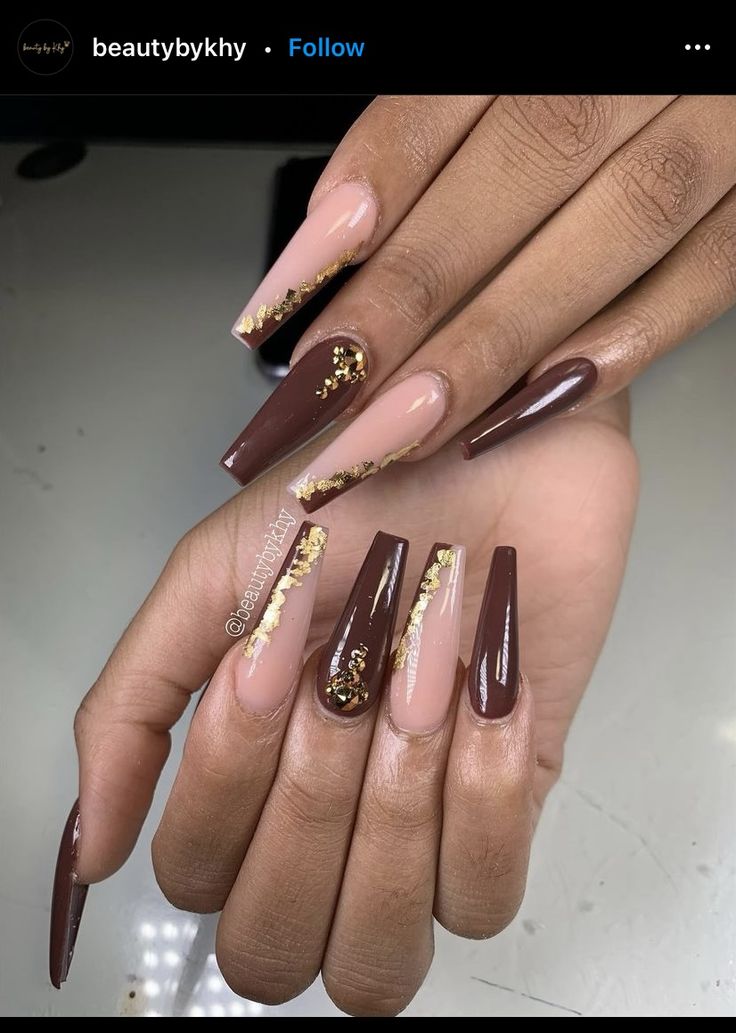 Elegant Beige and Deep Brown Nail Art with Glamorous Gold Foil Accents