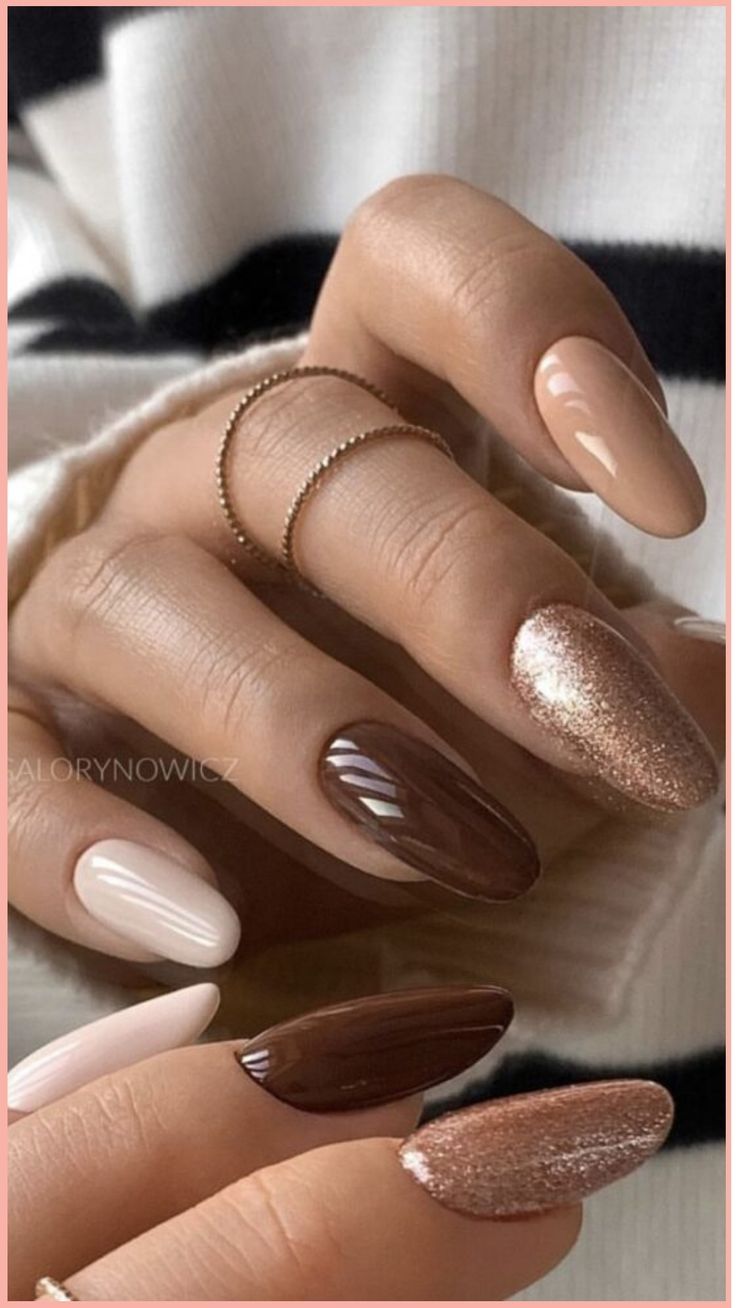 Versatile Nail Design: A Chic Blend of Glossy Brown, Shimmering Gold, and Soft Beige.