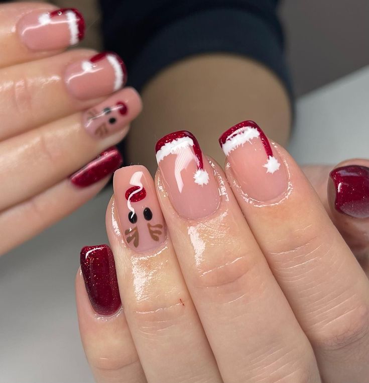 Cheerful Holiday Nail Design with Vibrant Red, Soft Nude, and Whimsical Accents.