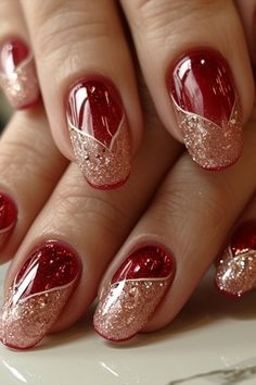 Sophisticated Red and Glitter Gradient Nails with Gold Geometric Accents for Festive Elegance