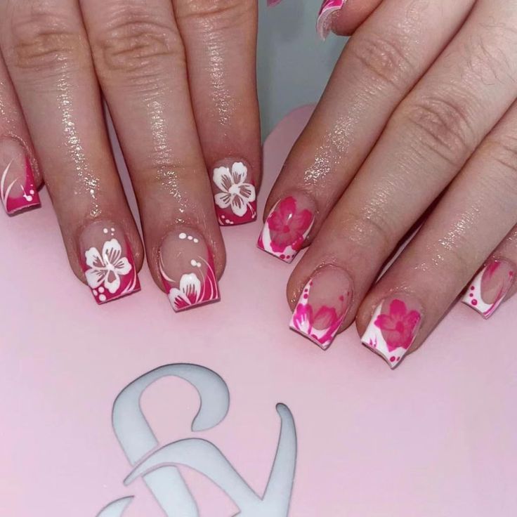 Vibrant Floral Nail Art Design with Gradient Pink Background for Spring/Summer.