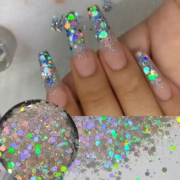 Dazzling Long Square Nails with Gradient Glitter for Glamorous Occasions