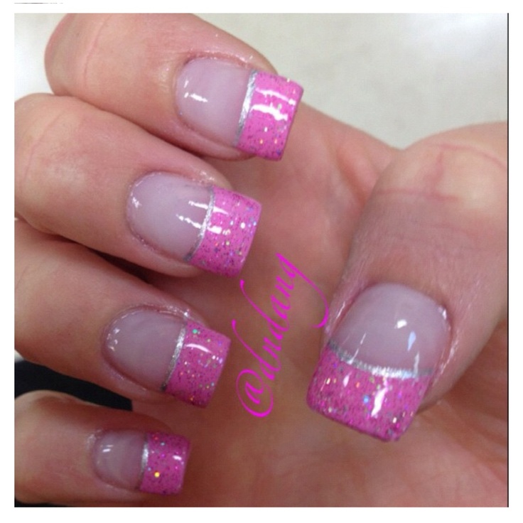 Vibrant Pink Glitter French Tip Nail Design with Sophisticated White Accents