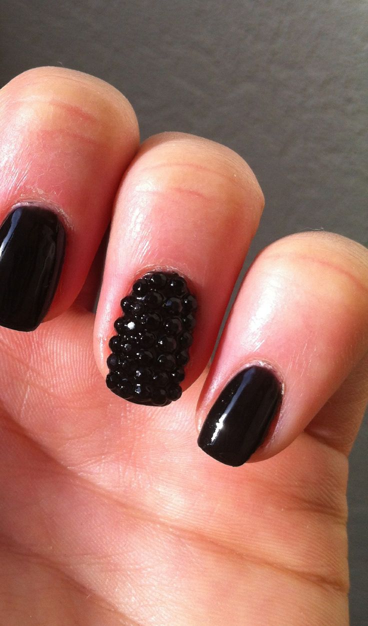 Sophisticated Glossy Black Nail Design with Textured Accent.