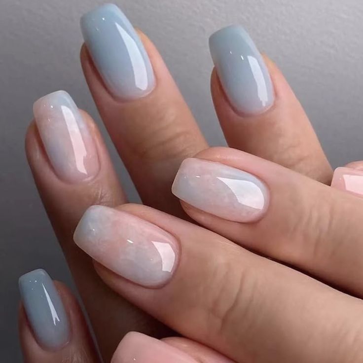 Elegant Ombre Nail Design: Serene Gradient from Pale Pink to Sky Blue