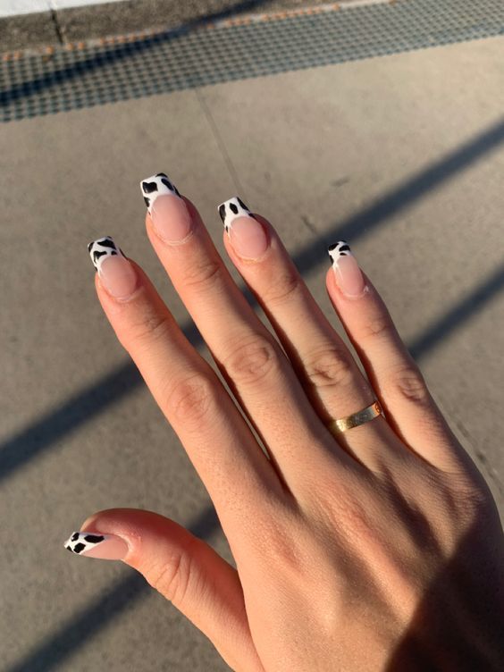 Chic Cow-Print French Tip Nails: A Playful Yet Sophisticated Manicure.