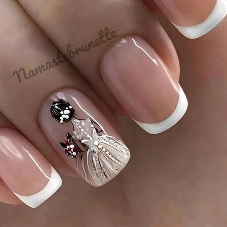 Elegant Nail Art Showcasing a Detailed Girl Illustration with French Tips and Embellishments.