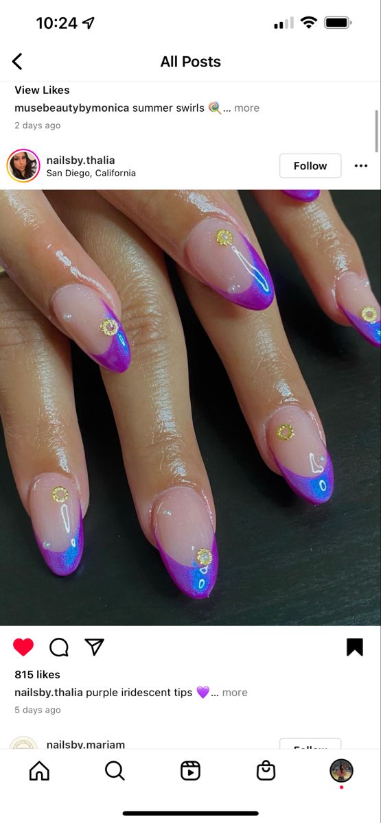 Chic Vibrant Nail Art: Soft Pink and Iridescent Purple with Golden Accents.