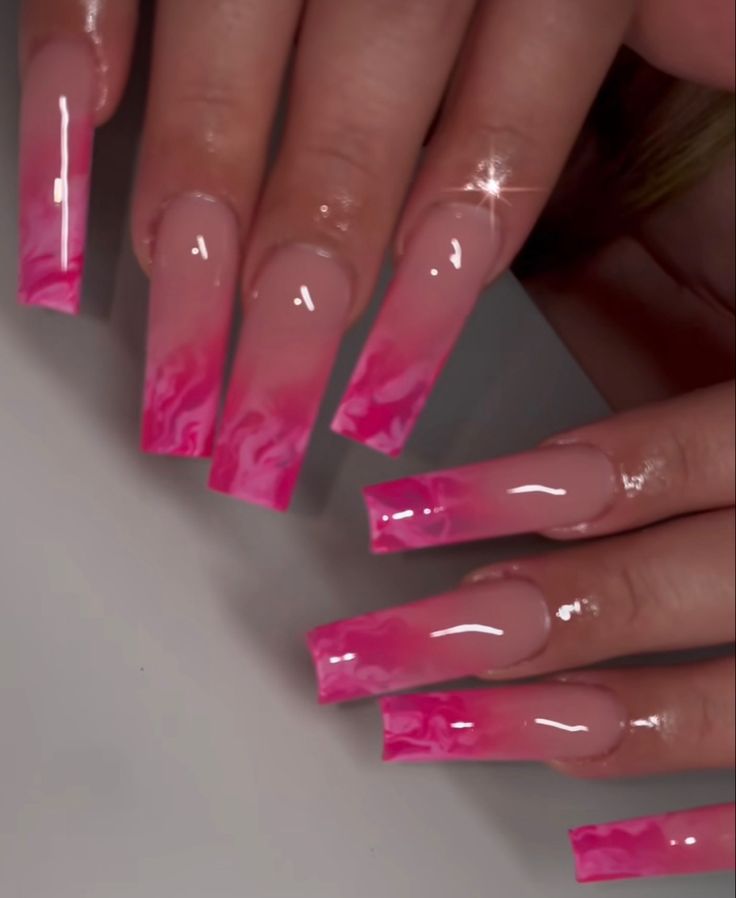 Chic Pink Gradient Long Acrylic Nails with Marble Tips and Glossy Finish