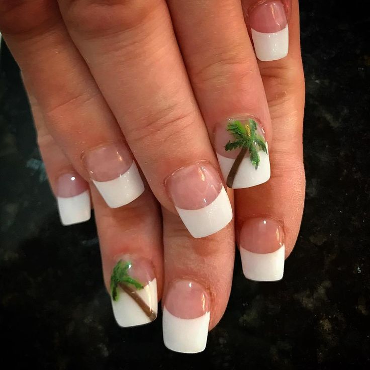 Tropical-Inspired French Manicure with Palm Tree Art for a Summery Vibe.