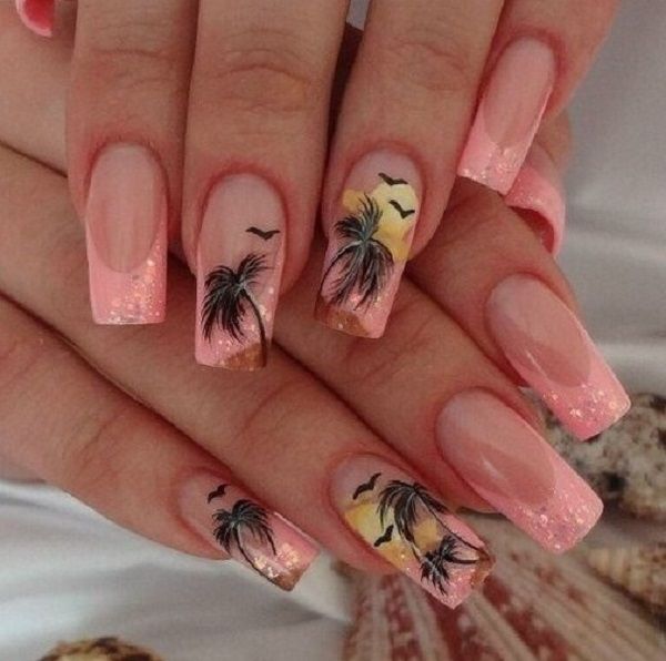 Tropical-Inspired Nail Design: Soft Pink Gradient with Palm Trees and Sunset Accents.