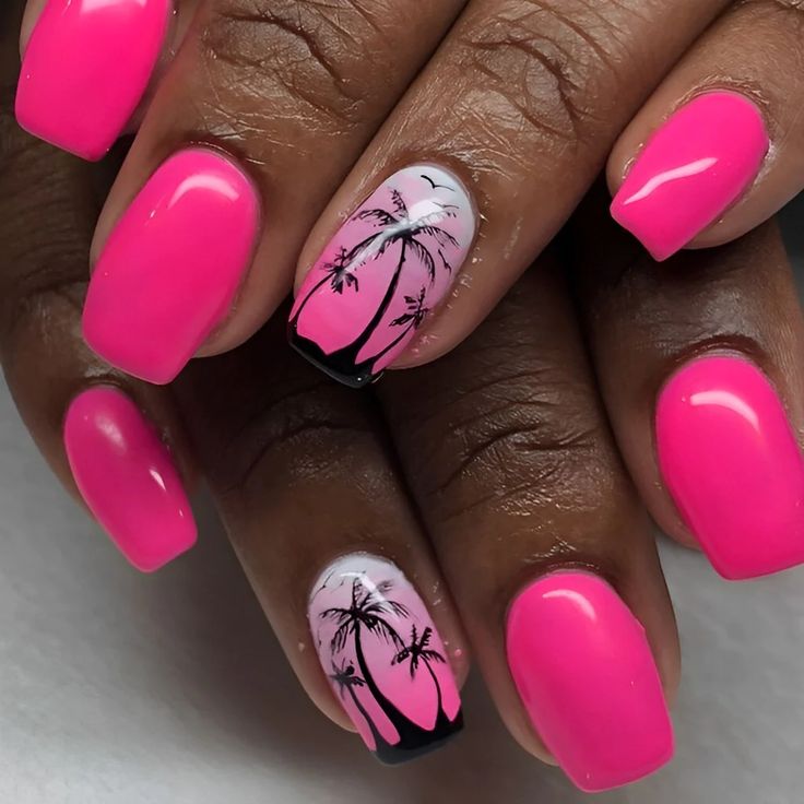 Tropical-Inspired Vibrant Pink Manicure with Glossy Long Nails and Gradient Palm Tree Accent.