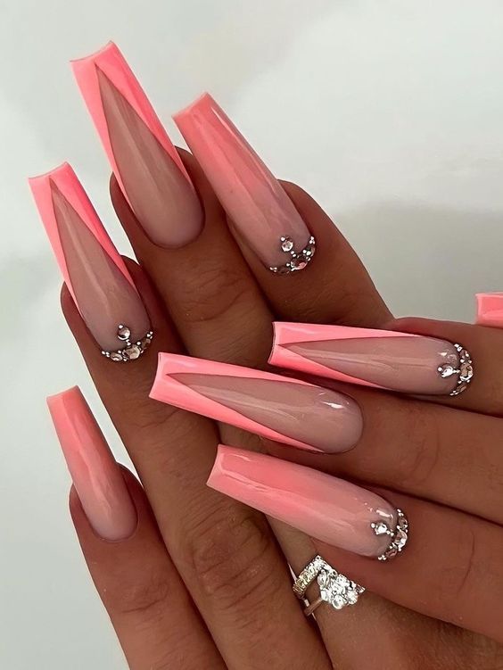 Chic Triangular Pink and Clear Nail Design with Elegant Rhinestones