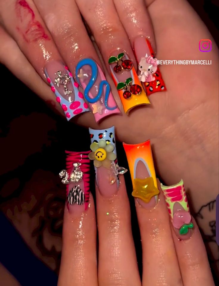 Colorful and Creative Nail Designs with Whimsical Patterns and 3D Embellishments.