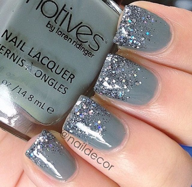 Stunning Gradient Nail Design: Muted Gray Base with Glitter Ombre.