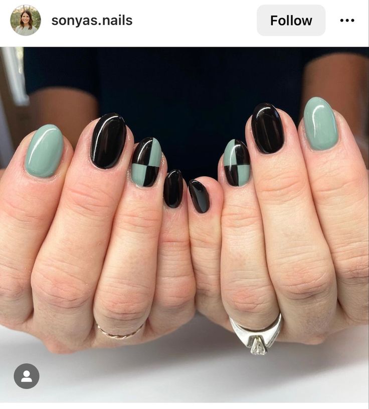 Chic Geometric Nail Design: Muted Greens and Bold Blacks for Modern Elegance.