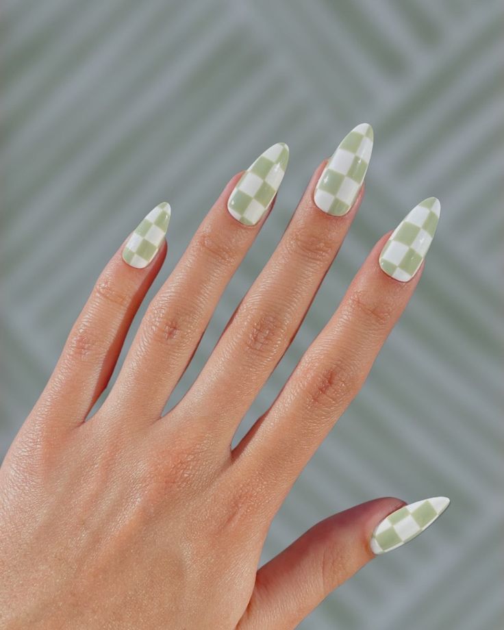 Chic Almond-Shaped Checkerboard Nail Art in Soft Green and White.