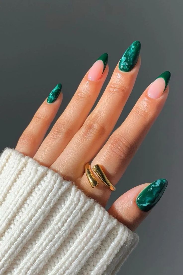 Chic Almond-Shaped Nails with Deep Green Tips and Soft Pink Base for a Bold, Elegant Look.