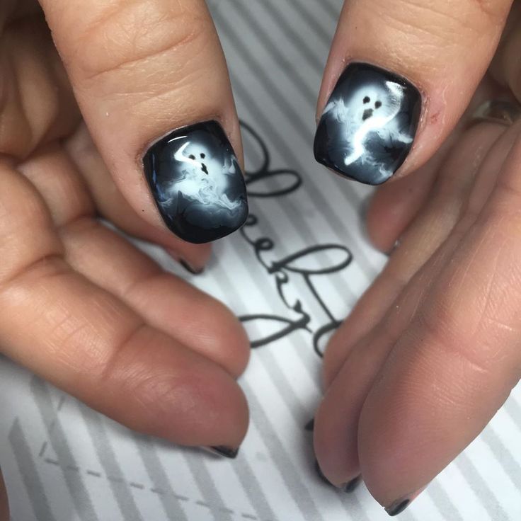 Eerie Ghost-Themed Nail Design with Black and Smoky Gray Gradient