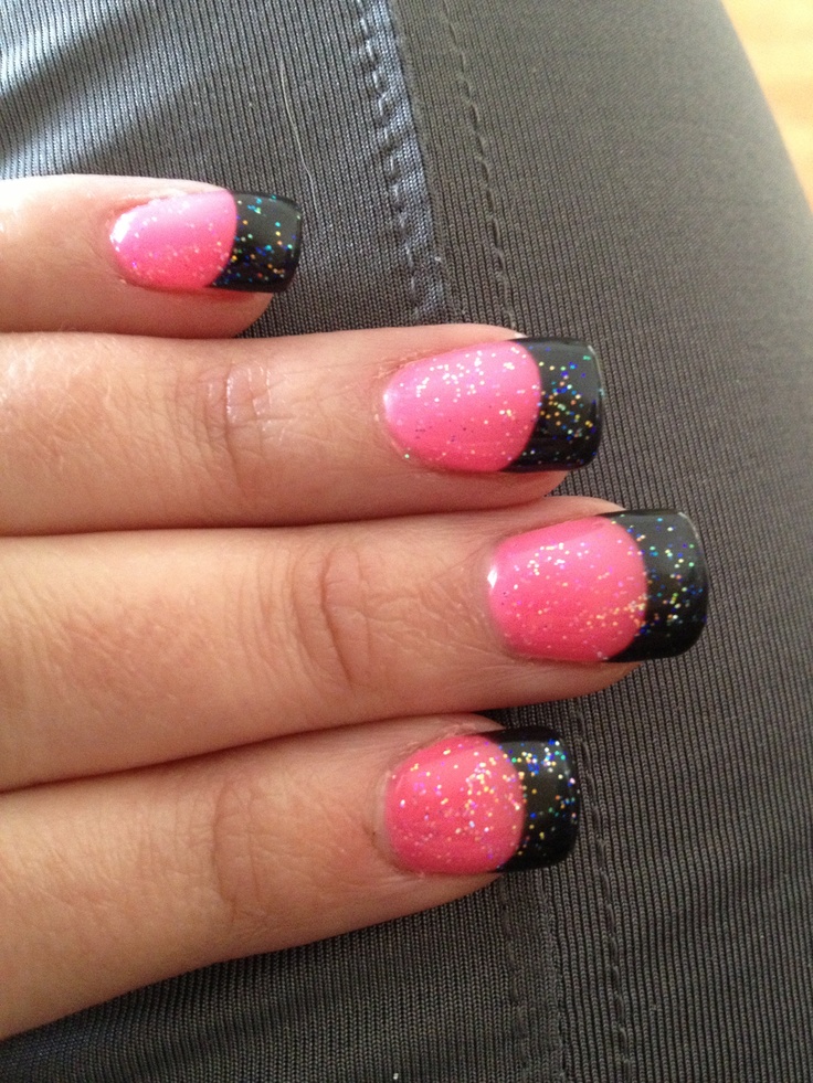 Chic Hot Pink and Glossy Black Nail Design with Glitter Accents