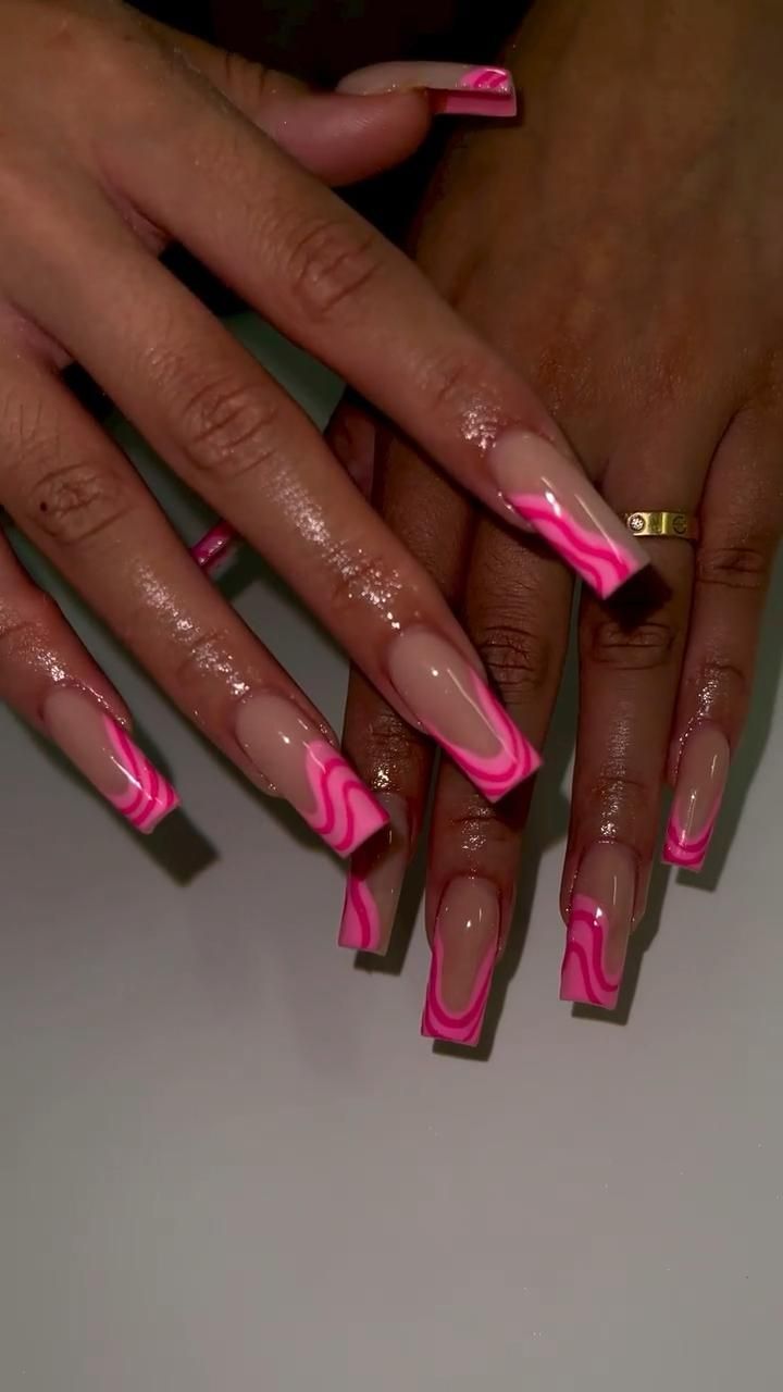 Bold Bright Pink Swirled Nail Design with Elegant Glossy Finish